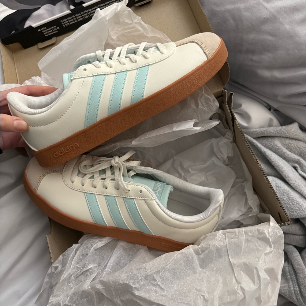 Adidas Cream and Light Blue Sneakers